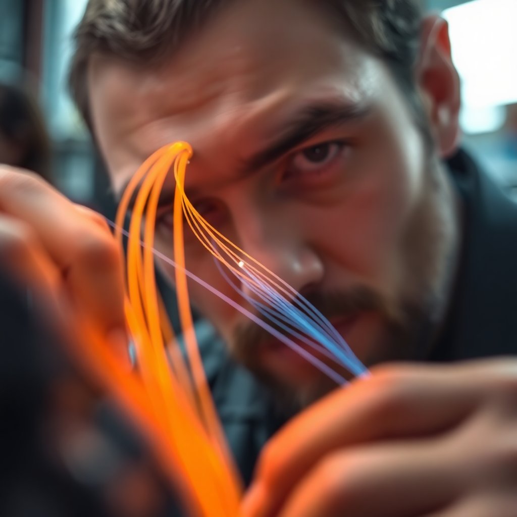 Extreme close-up macro shot of a professional fiber optic fusion splicer in operation, glowing orange and blue fiber filaments, high-tech industrial setting, cinematic lighting, sharp focus, 8k resolution, technical precision